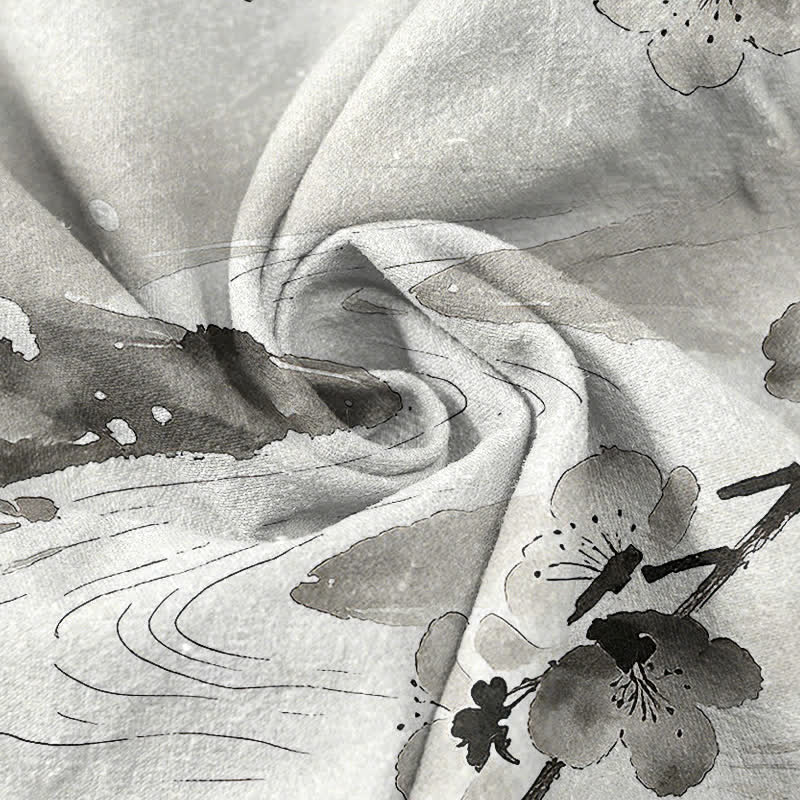 Buddha Stones Koszula męska z krótkim rękawem i półguzikiem w kolorze Cotton Ink Plum Blossom Pattern - Image 3