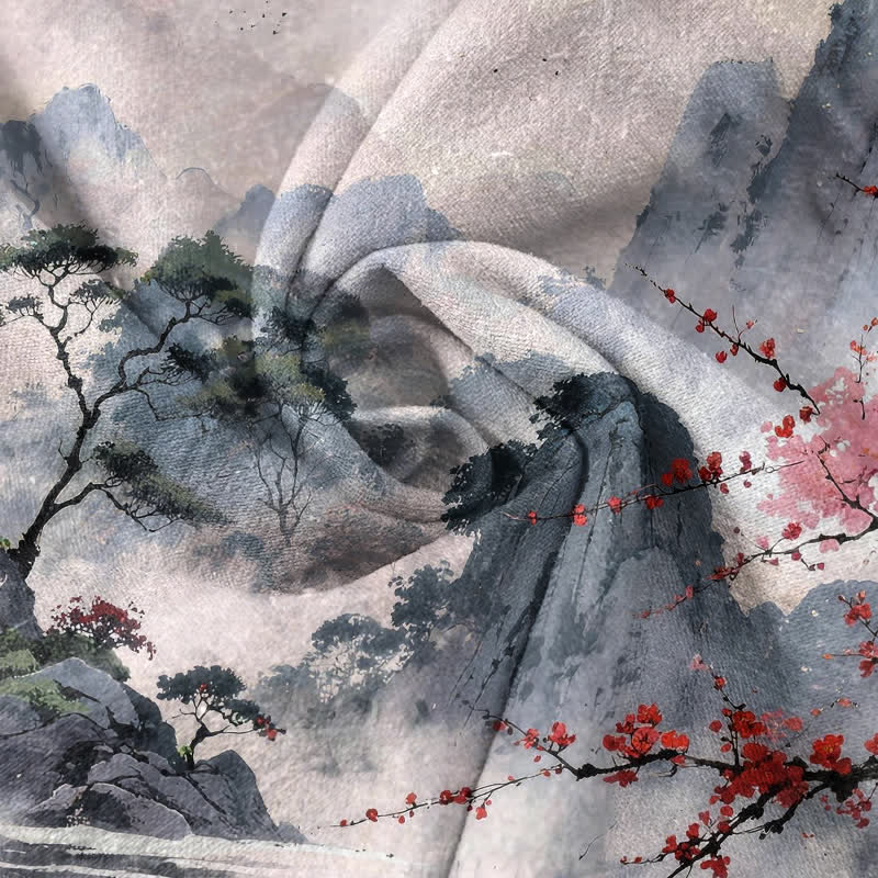 Buddha Stones Koszula męska z krótkim rękawem i półguzikiem w kwiaty śliwy z nadrukiem Cotton Ink Landscape - Image 3