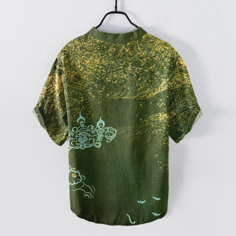 Buddha Stones Koszula męska z krótkim rękawem i półguzikiem w stylu henley, z nadrukiem w plamy bawełny, inspirowana galaktyką - Image 7