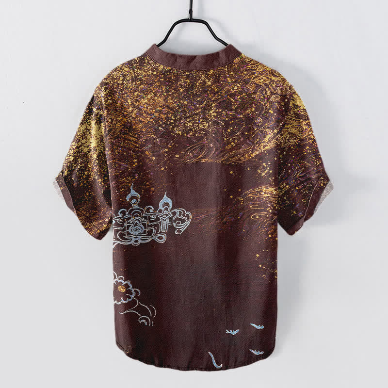 Buddha Stones Koszula męska z krótkim rękawem i półguzikiem w stylu henley, z nadrukiem w plamy bawełny, inspirowana galaktyką - Image 9