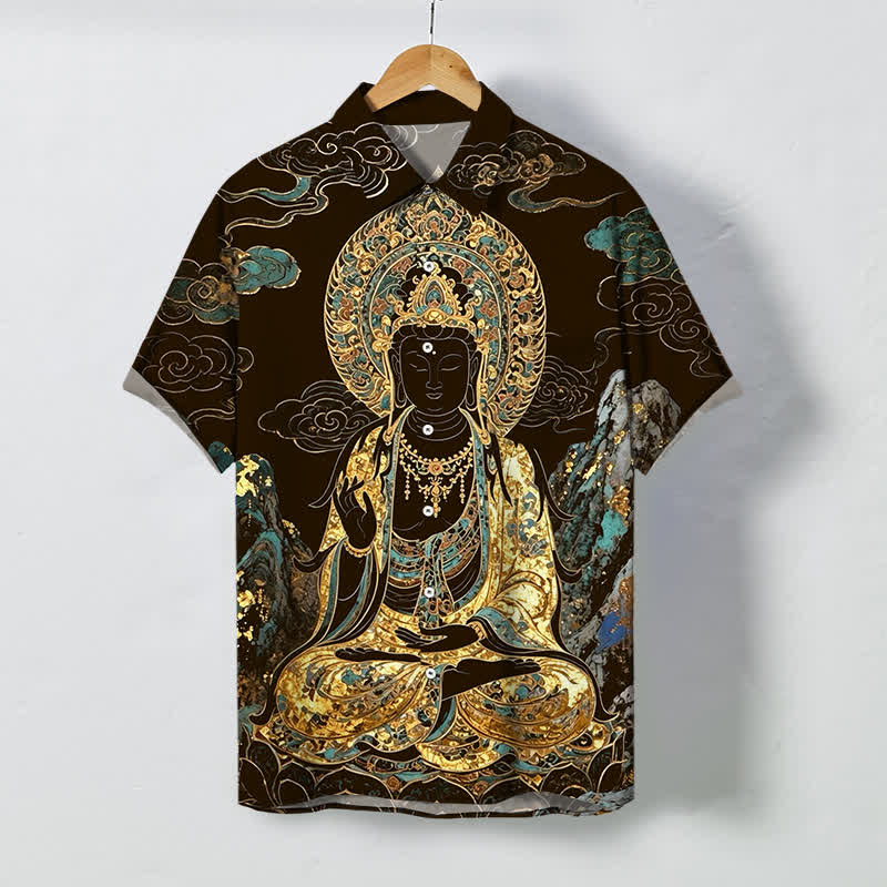 Buddha Stones Koszula męska z krótkim rękawem, odporna na zagniecenia, z guzikami w kształcie chmurki Buddy w kolorze złotym