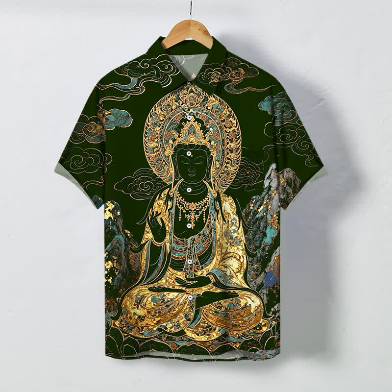 Buddha Stones Koszula męska z krótkim rękawem, odporna na zagniecenia, z guzikami w kształcie chmurki Buddy w kolorze złotym - Image 6
