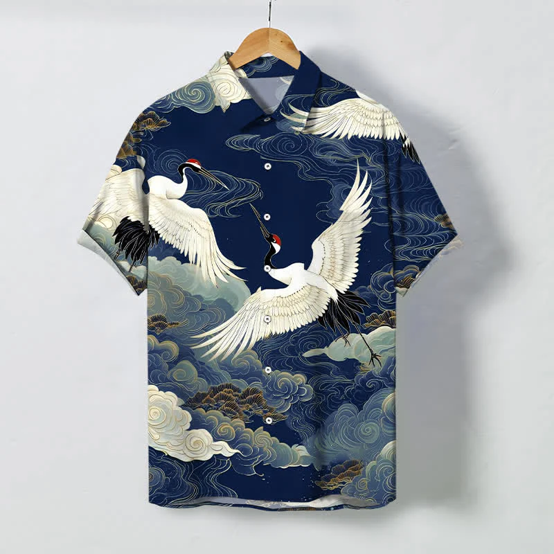 Buddha Stones Koszula męska z krótkim rękawem, odporna na zagniecenia, z guzikami w kształcie latającego żurawia mandżurskiego i pomyślnych chmur - Image 11
