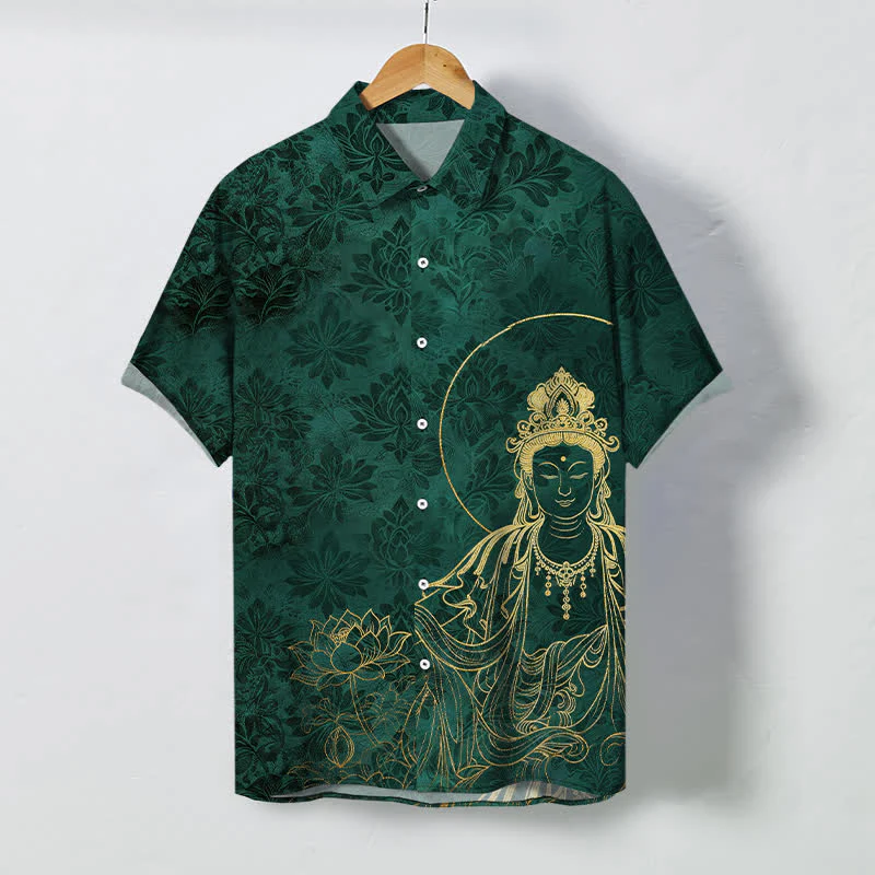 Buddha Stones Koszula męska z krótkim rękawem, odporna na zagniecenia, z guzikami w stylu vintage z motywem lotosu