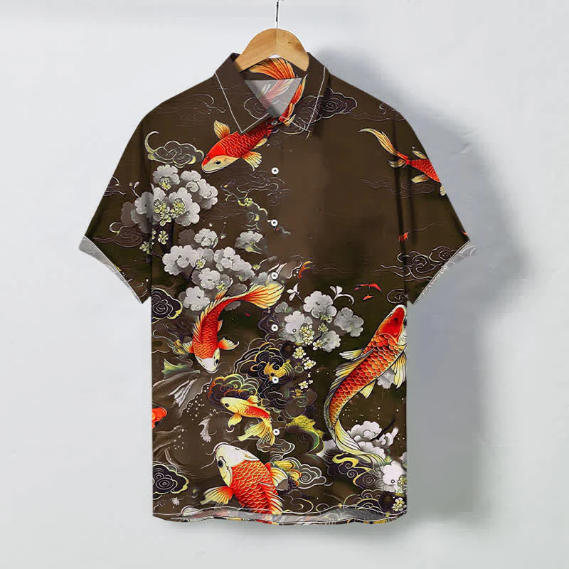 Buddha Stones Koszula męska z krótkim rękawem, odporna na zagniecenia, z motywem czerwonej ryby Koi i falą chmur, z białym wzorem kwiatowym i guzikami - Image 7