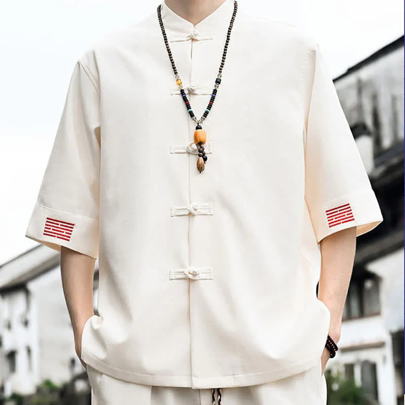 Buddha Stones Koszule męskie z krótkim rękawem w stylu Summer Tang Style Frog Button Solid - Image 10