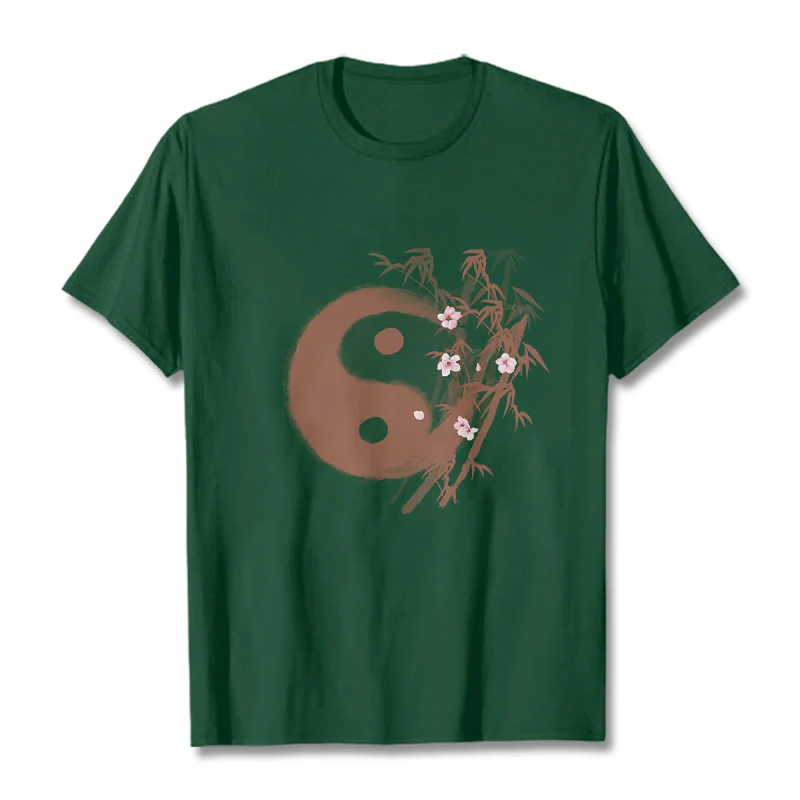 Buddha Stones Koszulka z nadrukiem Yin Yang Bamboo Cherry Blossom Pattern - Image 10