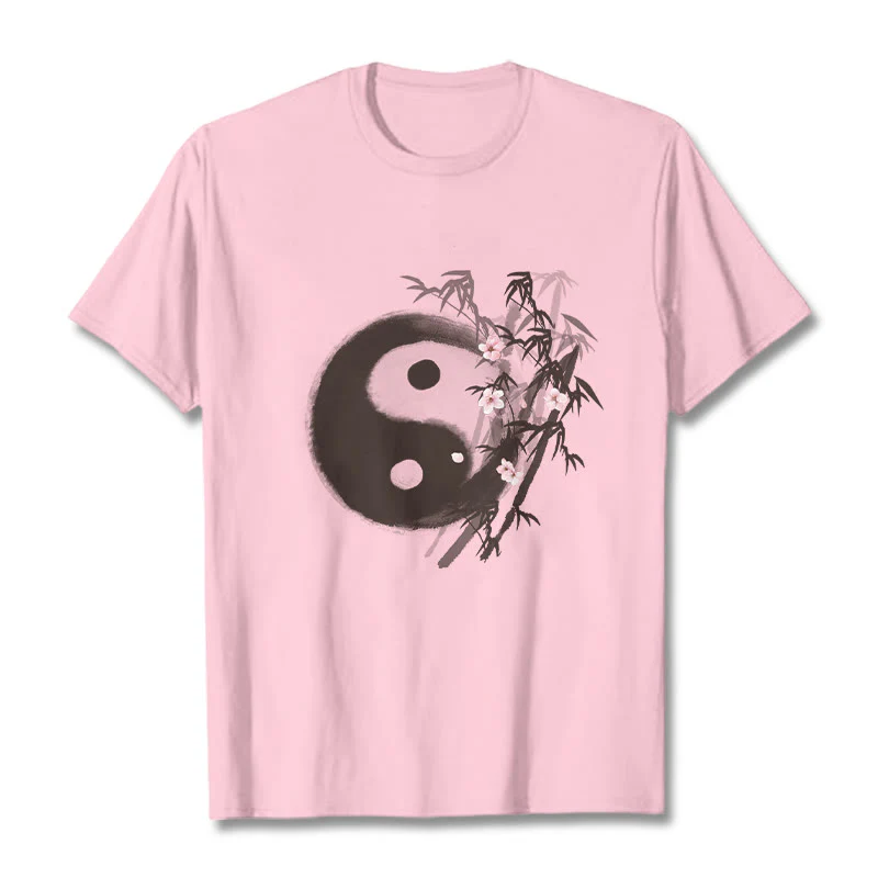 Buddha Stones Koszulka z nadrukiem Yin Yang Bamboo Cherry Blossom Pattern - Image 12