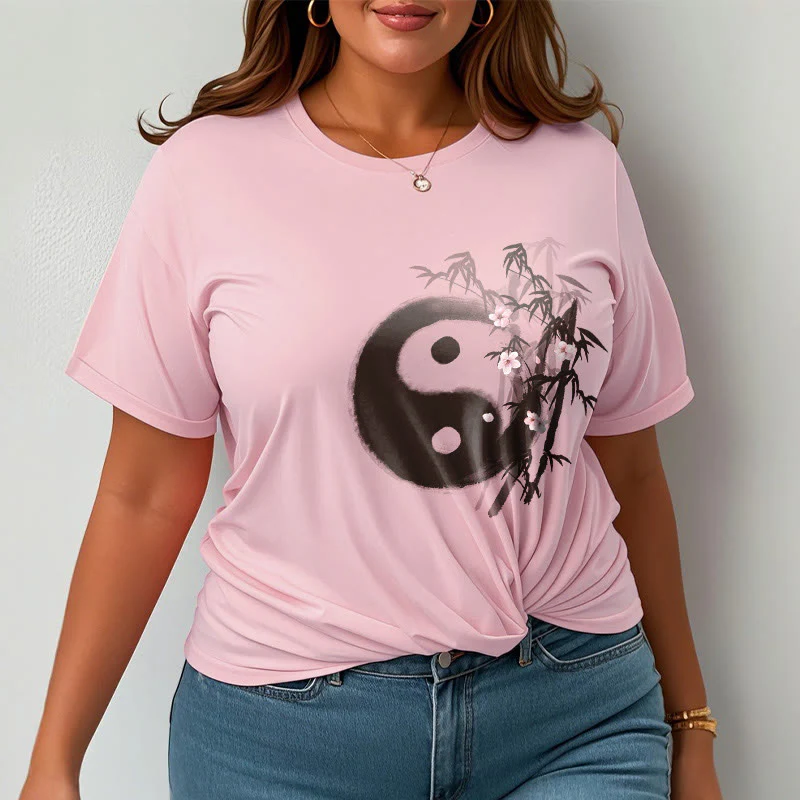 Buddha Stones Koszulka z nadrukiem Yin Yang Bamboo Cherry Blossom Pattern - Image 13