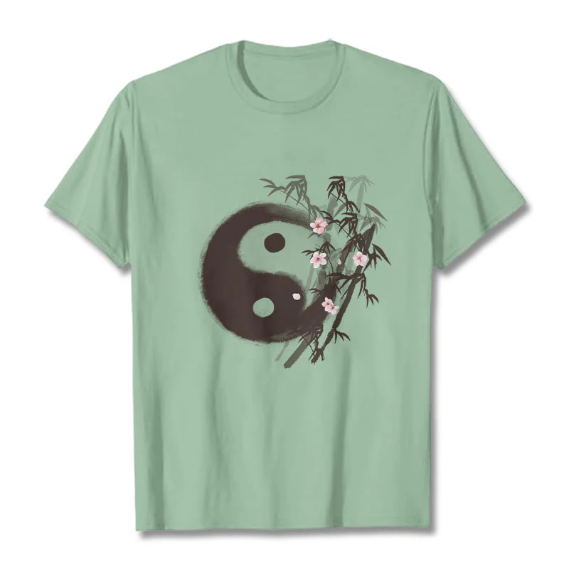 Buddha Stones Koszulka z nadrukiem Yin Yang Bamboo Cherry Blossom Pattern - Image 14