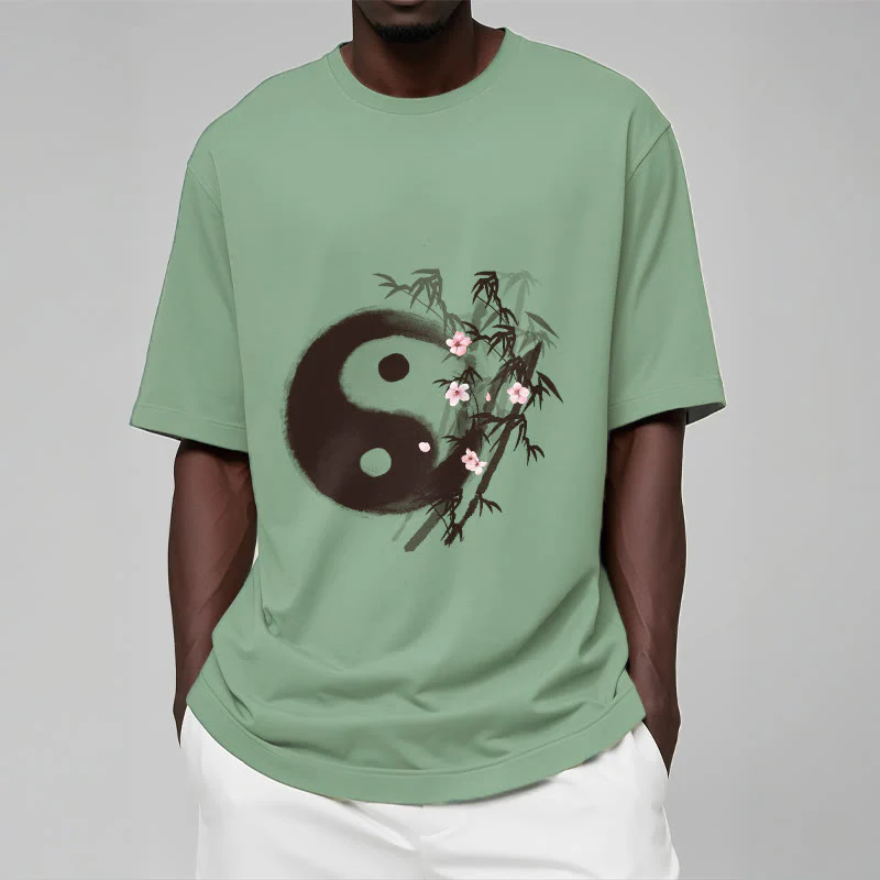 Buddha Stones Koszulka z nadrukiem Yin Yang Bamboo Cherry Blossom Pattern - Image 15