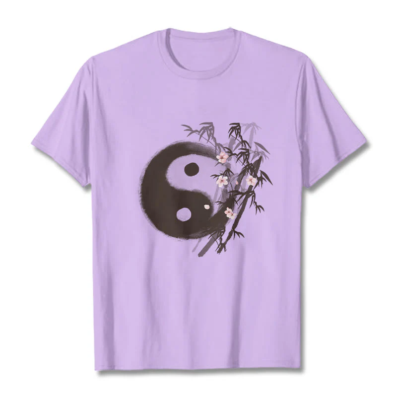 Buddha Stones Koszulka z nadrukiem Yin Yang Bamboo Cherry Blossom Pattern - Image 16