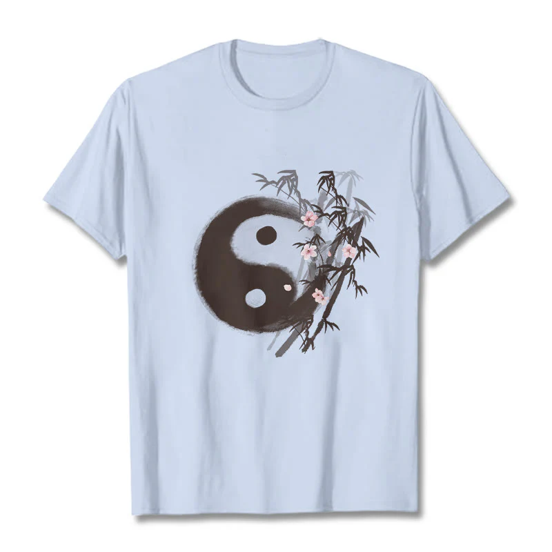 Buddha Stones Koszulka z nadrukiem Yin Yang Bamboo Cherry Blossom Pattern - Image 18