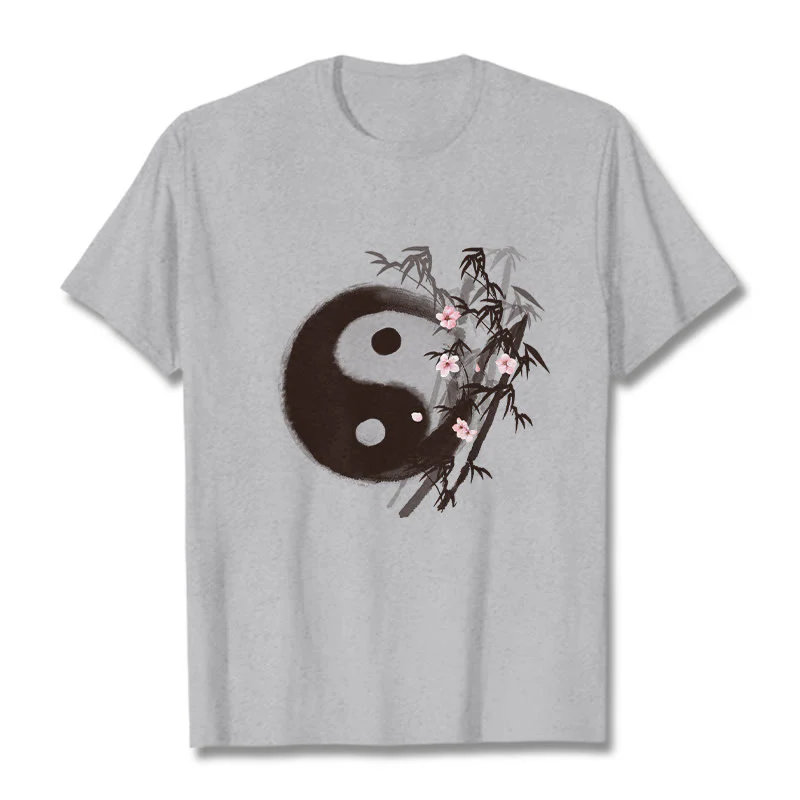 Buddha Stones Koszulka z nadrukiem Yin Yang Bamboo Cherry Blossom Pattern - Image 19