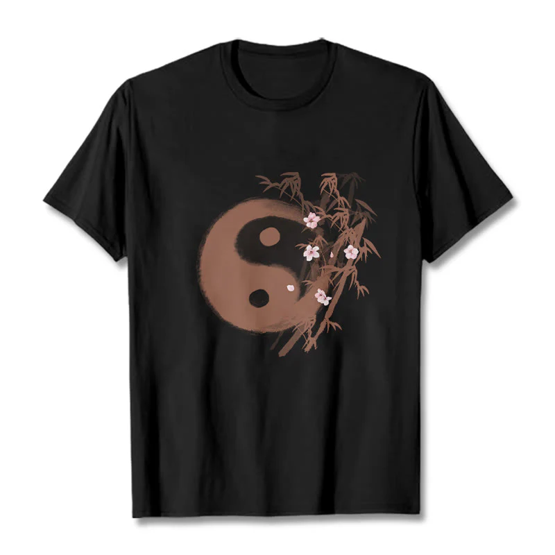 Buddha Stones Koszulka z nadrukiem Yin Yang Bamboo Cherry Blossom Pattern - Image 4