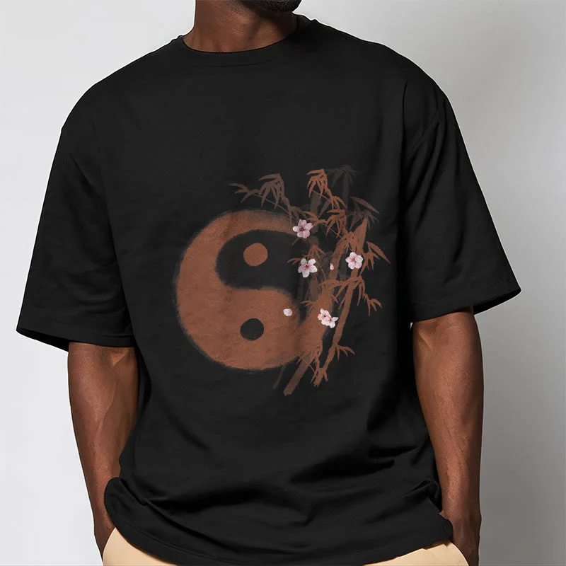 Buddha Stones Koszulka z nadrukiem Yin Yang Bamboo Cherry Blossom Pattern - Image 5