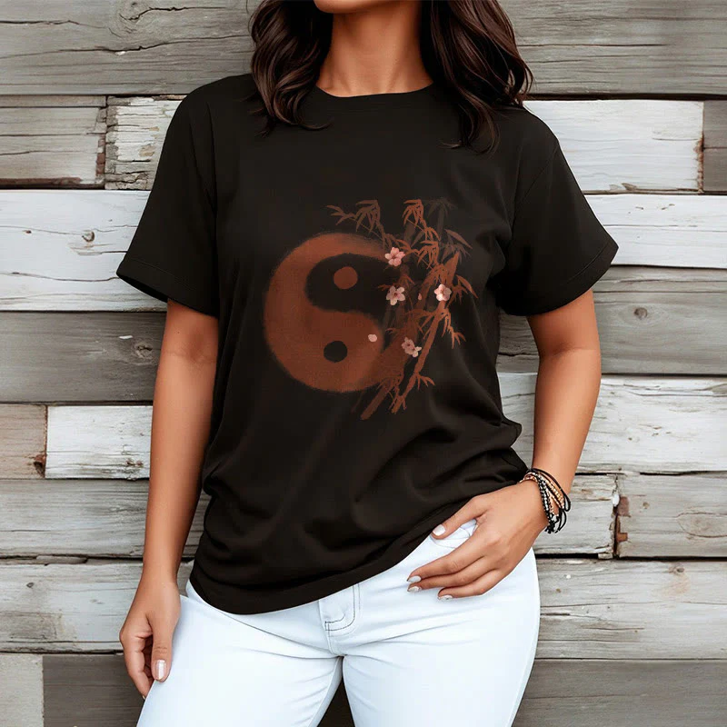 Buddha Stones Koszulka z nadrukiem Yin Yang Bamboo Cherry Blossom Pattern - Image 7