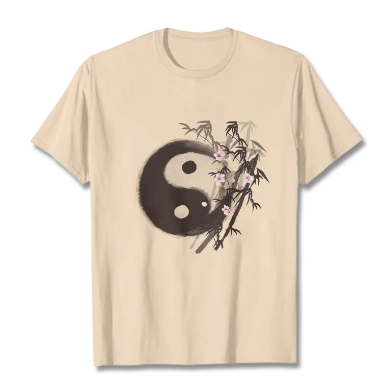 Buddha Stones Koszulka z nadrukiem Yin Yang Bamboo Cherry Blossom Pattern - Image 8