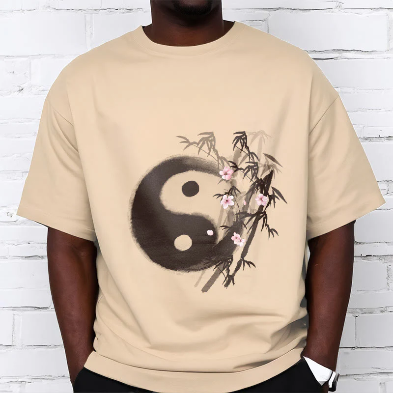 Buddha Stones Koszulka z nadrukiem Yin Yang Bamboo Cherry Blossom Pattern - Image 9