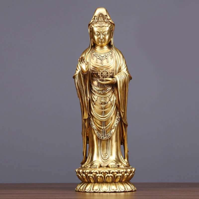 Buddha Stones Kwan Yin Awalokiteśwara trzymający Koło Dharmy Bogactwo Mosiądz Miedziana Statua Dekoracja - Image 11