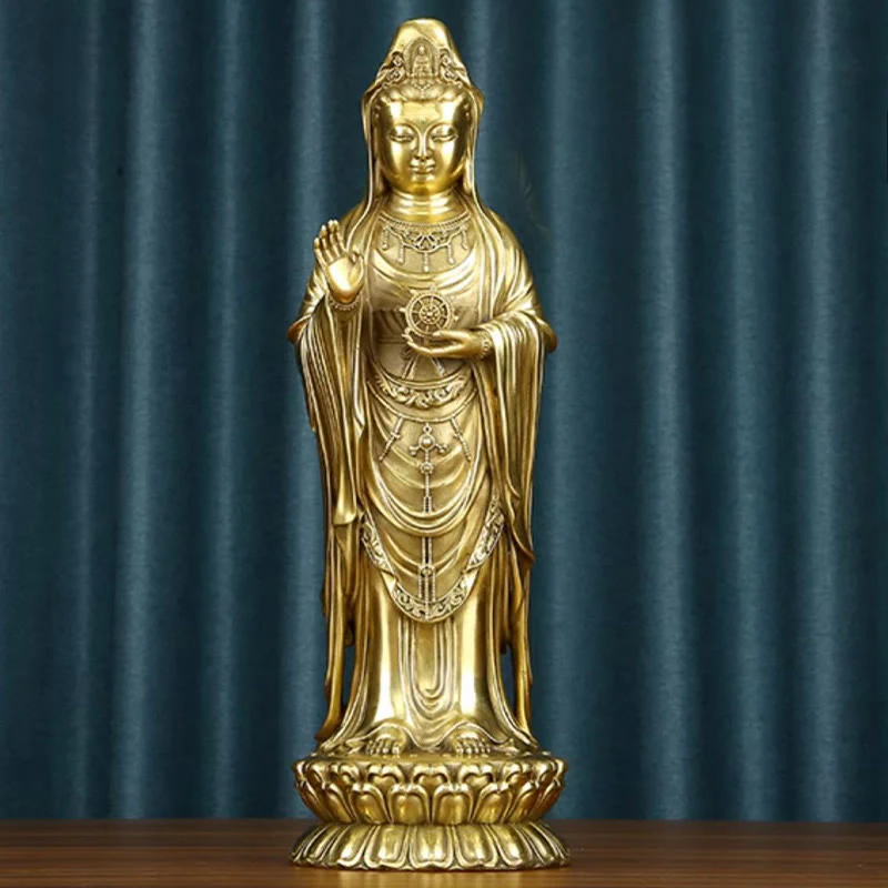 Buddha Stones Kwan Yin Awalokiteśwara trzymający Koło Dharmy Bogactwo Mosiądz Miedziana Statua Dekoracja - Image 20