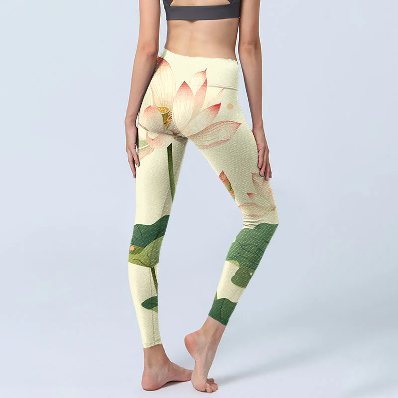 Buddha Stones Kwiat Lotosu Liść Ważka Nadruk Legginsy Fitness Damskie Spodnie Do Jogi - Image 3