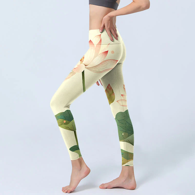 Buddha Stones Kwiat Lotosu Liść Ważka Nadruk Legginsy Fitness Damskie Spodnie Do Jogi - Image 4