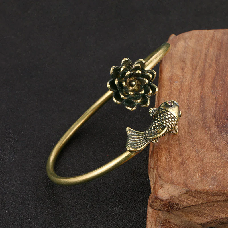 Buddha Stones Kwiat Lotosu Ryba Koi Miedź Mosiądz Oświecenie Szczęście Bransoletka Bangle - Image 2