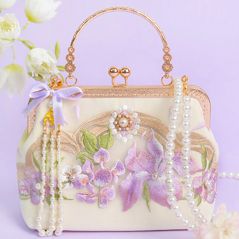 Buddha Stones Kwiaty Haftowane Tassel Wisiorek Perła Metalowy Łańcuch Torba Crossbody Torebki - Image 2