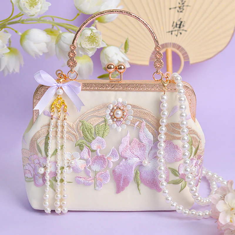 Buddha Stones Kwiaty Haftowane Tassel Wisiorek Perła Metalowy Łańcuch Torba Crossbody Torebki - Image 3