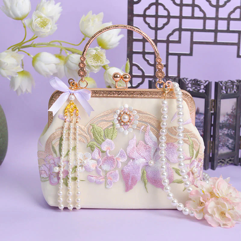 Buddha Stones Kwiaty Haftowane Tassel Wisiorek Perła Metalowy Łańcuch Torba Crossbody Torebki - Image 4