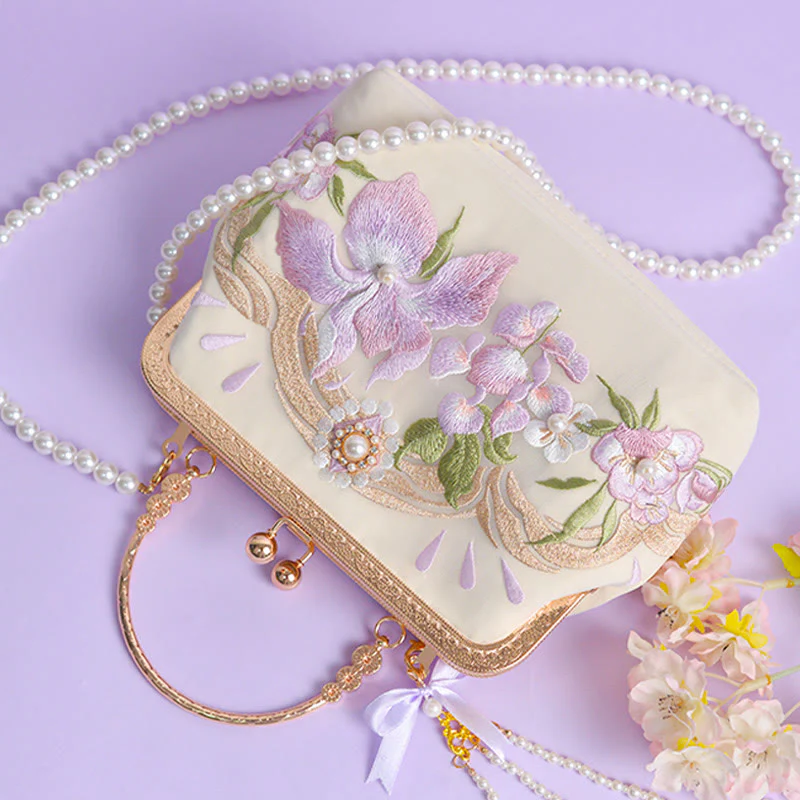 Buddha Stones Kwiaty Haftowane Tassel Wisiorek Perła Metalowy Łańcuch Torba Crossbody Torebki - Image 5