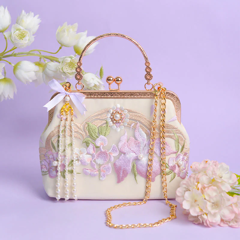 Buddha Stones Kwiaty Haftowane Tassel Wisiorek Perła Metalowy Łańcuch Torba Crossbody Torebki - Image 7