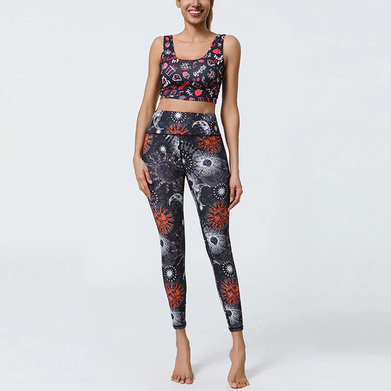 Buddha Stones, kwiaty, pióra, słońce, księżyc, nadruk, spodnie sportowe, fitness, joga, legginsy z wysokim stanem, damskie - Image 10