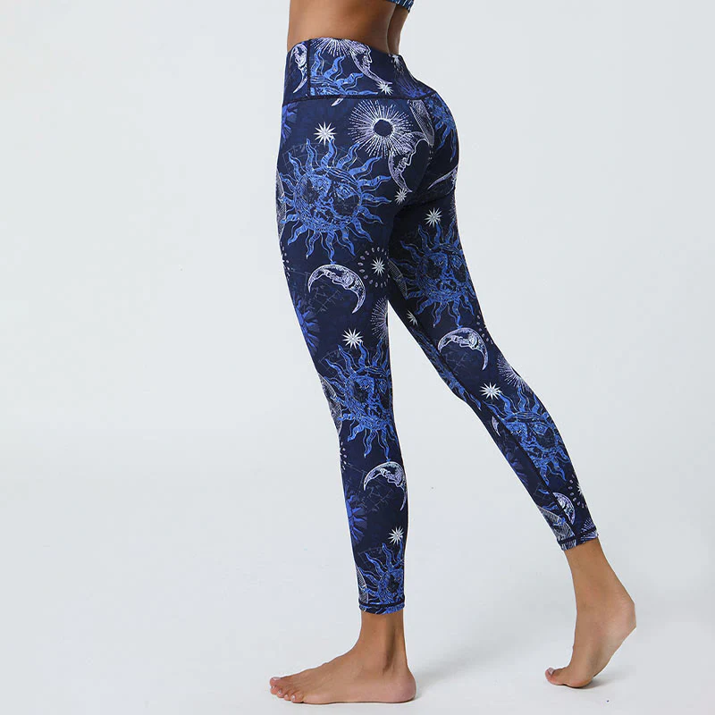 Buddha Stones, kwiaty, pióra, słońce, księżyc, nadruk, spodnie sportowe, fitness, joga, legginsy z wysokim stanem, damskie - Image 13