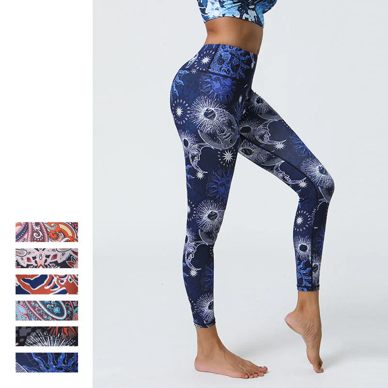 Buddha Stones, kwiaty, pióra, słońce, księżyc, nadruk, spodnie sportowe, fitness, joga, legginsy z wysokim stanem, damskie - Image 15