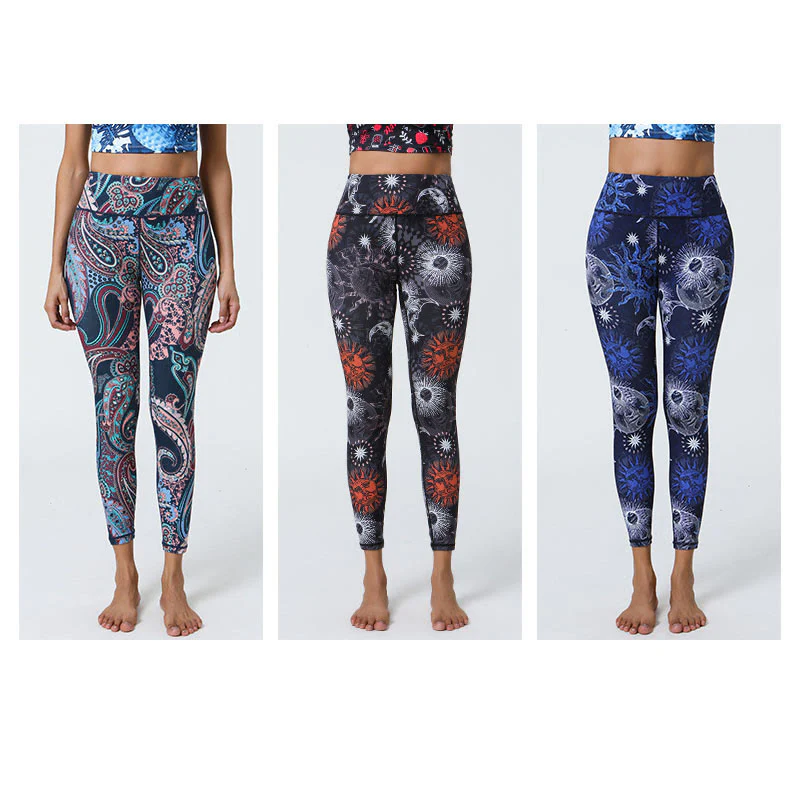 Buddha Stones, kwiaty, pióra, słońce, księżyc, nadruk, spodnie sportowe, fitness, joga, legginsy z wysokim stanem, damskie - Image 16