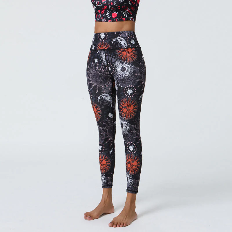 Buddha Stones, kwiaty, pióra, słońce, księżyc, nadruk, spodnie sportowe, fitness, joga, legginsy z wysokim stanem, damskie - Image 6