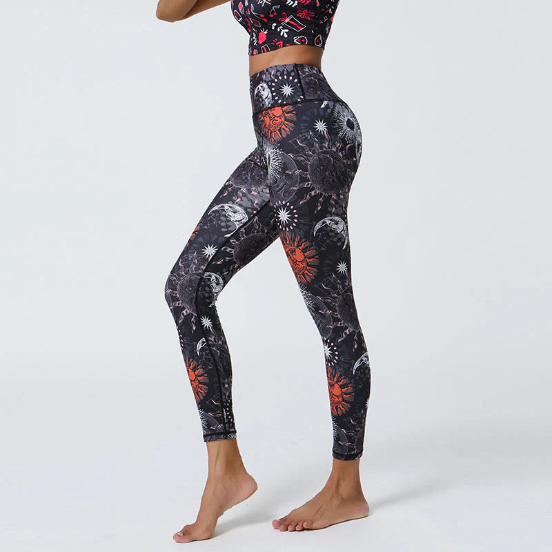 Buddha Stones, kwiaty, pióra, słońce, księżyc, nadruk, spodnie sportowe, fitness, joga, legginsy z wysokim stanem, damskie - Image 7