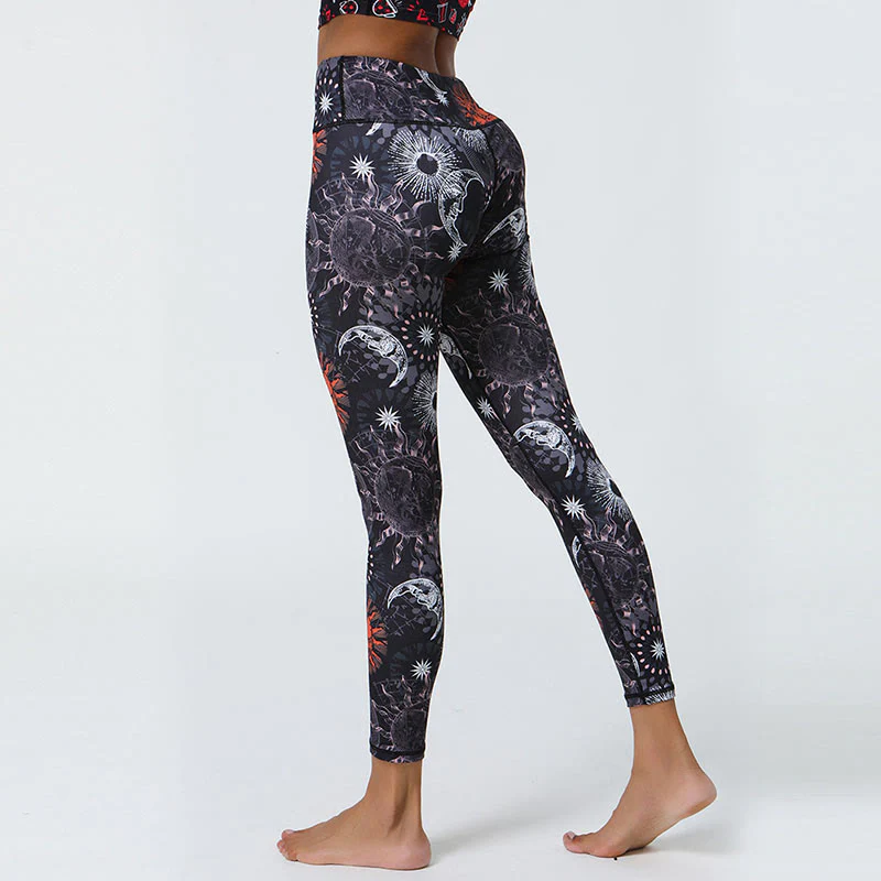 Buddha Stones, kwiaty, pióra, słońce, księżyc, nadruk, spodnie sportowe, fitness, joga, legginsy z wysokim stanem, damskie - Image 8
