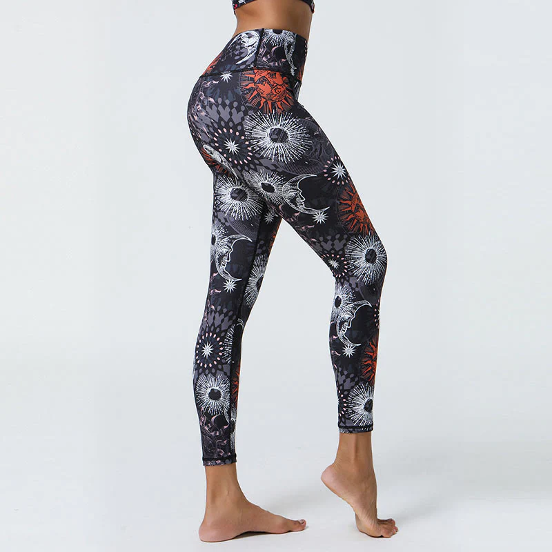 Buddha Stones, kwiaty, pióra, słońce, księżyc, nadruk, spodnie sportowe, fitness, joga, legginsy z wysokim stanem, damskie - Image 9