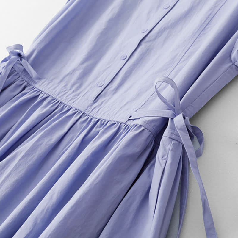 Buddha Stones Letnia, casualowa, vintage'owa, zapinana na guziki, jednolita, sznurowana sukienka damska z krótkim rękawem i kieszenią - Image 4