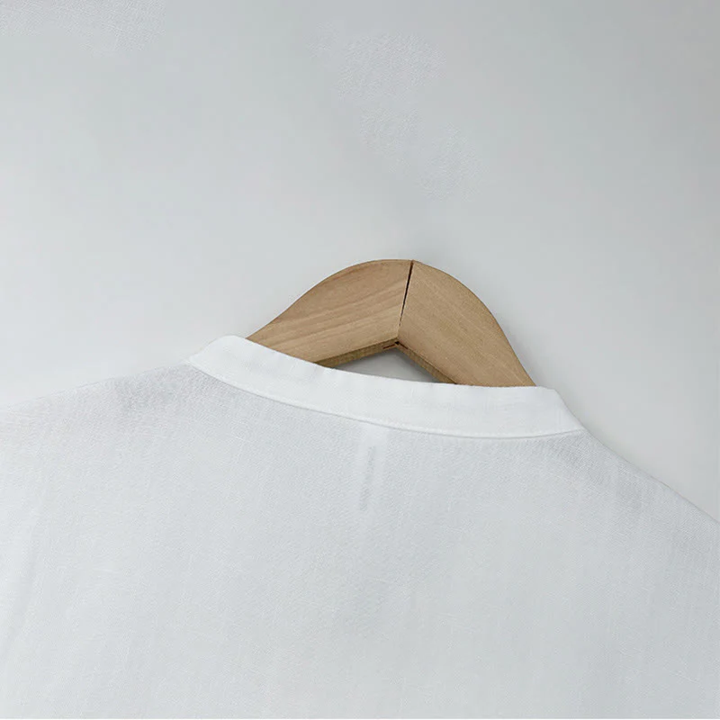 Buddha Stones Letnia minimalistyczna koszula męska z krótkim rękawem i stójką, zapinana na guziki typu żaba - Image 12