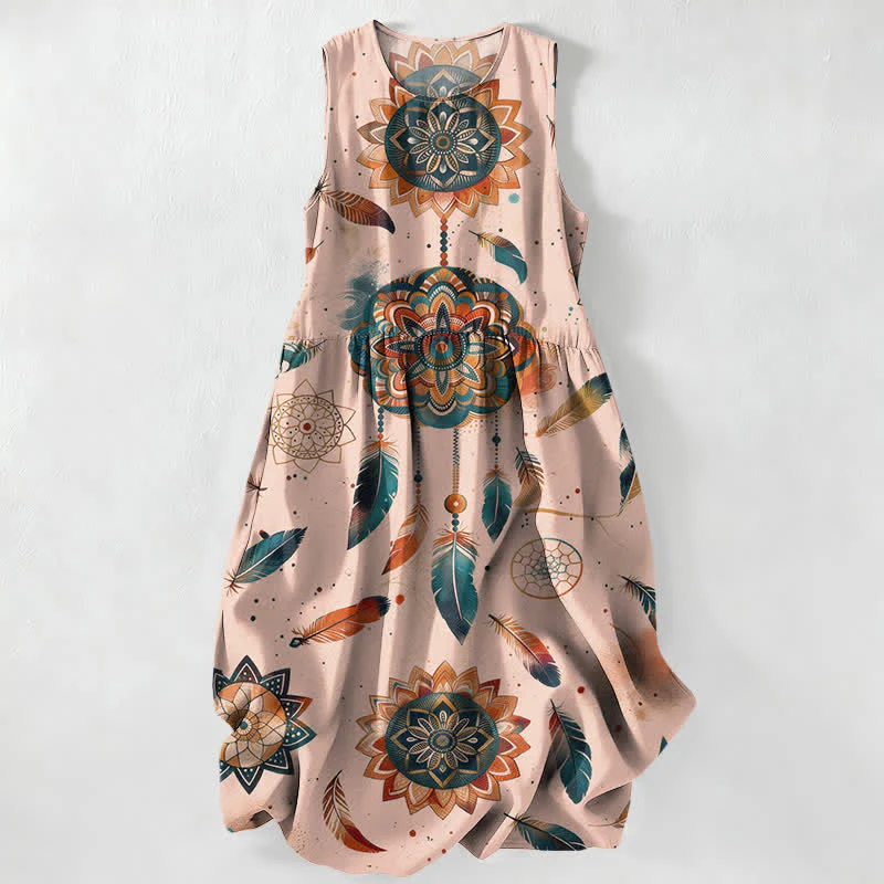 Buddha Stones Letnia, swobodna, damska sukienka midi bez rękawów z kieszeniami i wzorem mandali w stylu boho - Image 6