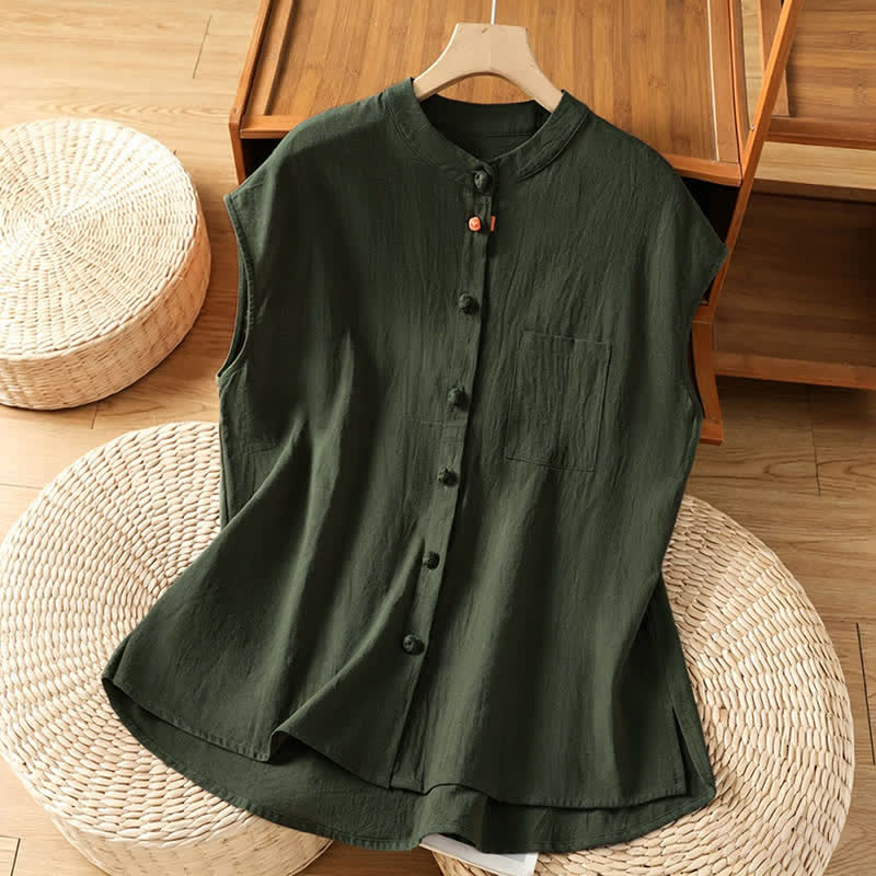 Buddha Stones Letnia, swobodna koszula damska w stylu Tang z kołnierzykiem typu stójka, zapinana na guziki, z kieszeniami naszytymi, bez rękawów i podkoszulkiem - Image 10