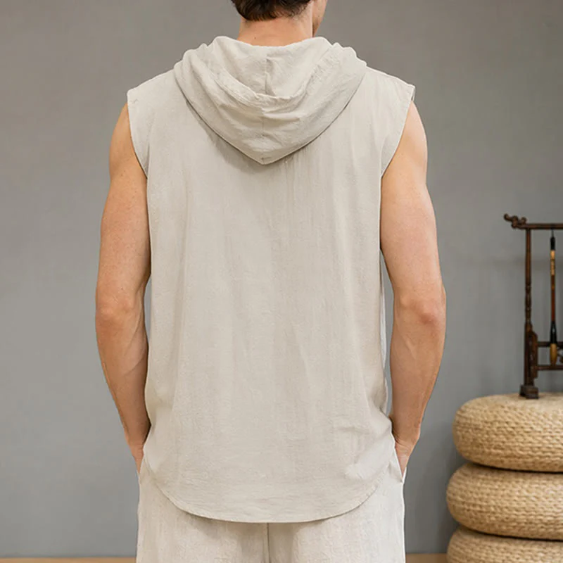 Buddha Stones Letnia, swobodna, minimalistyczna męska koszulka bez rękawów zapinana na guziki i ściągana sznurkiem - Image 14