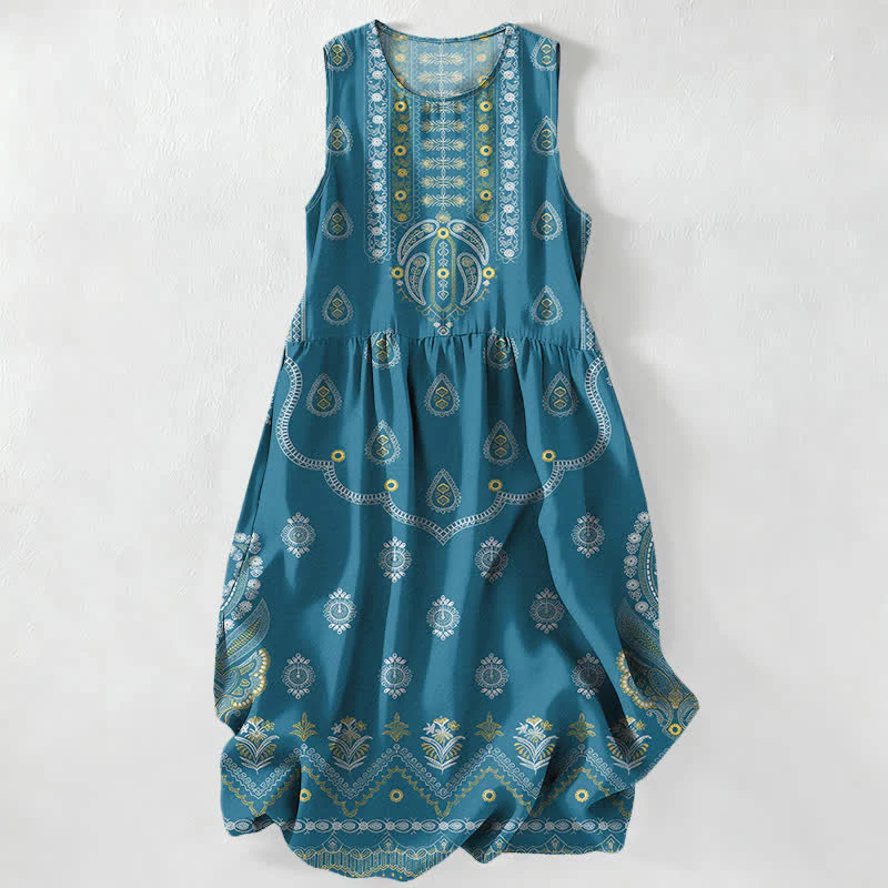 Buddha Stones Letnia, swobodna sukienka midi w stylu boho, wzór paisley, bez rękawów, z kieszeniami