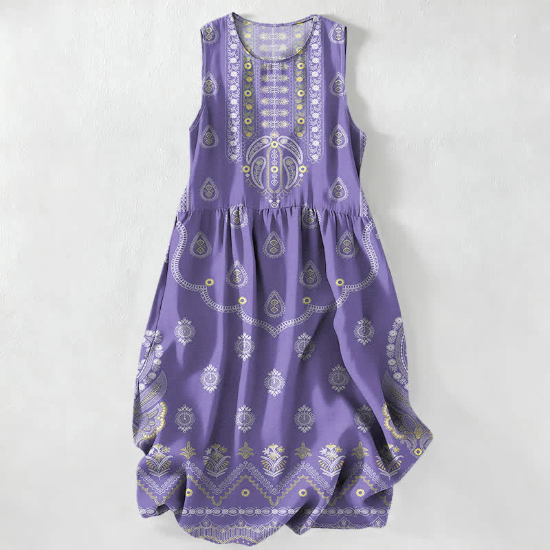 Buddha Stones Letnia, swobodna sukienka midi w stylu boho, wzór paisley, bez rękawów, z kieszeniami - Image 6