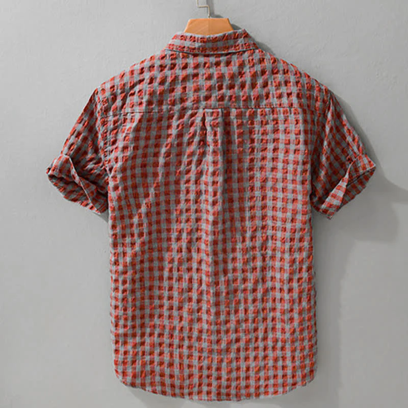 Buddha Stones Letnie, casualowe koszule męskie w kratę z krótkim rękawem i guzikami w stylu vintage - Image 5