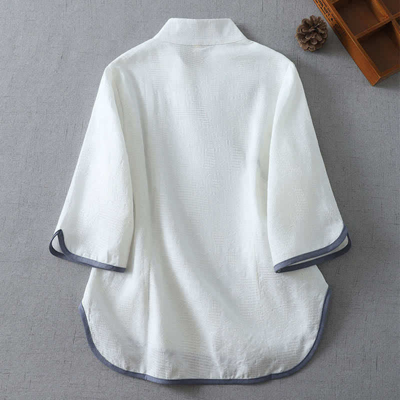 Buddha Stones Letnie koszule damskie w minimalistycznym stylu Tang z krótkim rękawem i kołnierzykiem typu stójka i guzikami typu żaba - Image 9